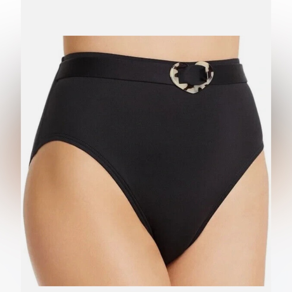 Kate Spade L68107 Black Heart Buckle High Waist Bikini Bottoms size Large NWT